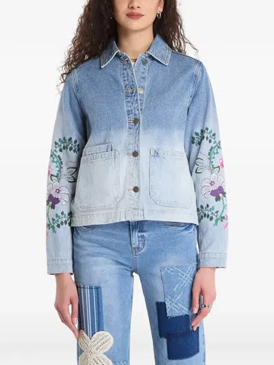 Desigual Floral Embroidered Denim Trucker Jacket In Blue