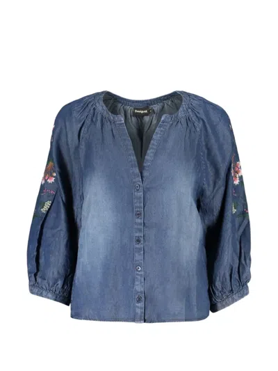 Desigual Floral-embroidered Puff-sleeve Shirt In Blue