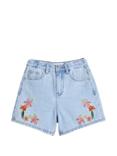 Desigual Kids' Floral-embroidered Shorts In Blue