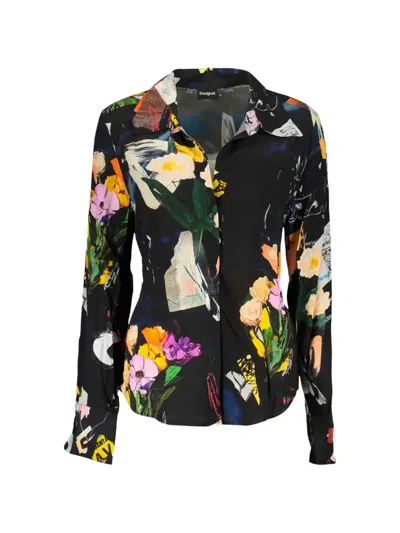 Desigual Floral-print Belted Shirt In Black