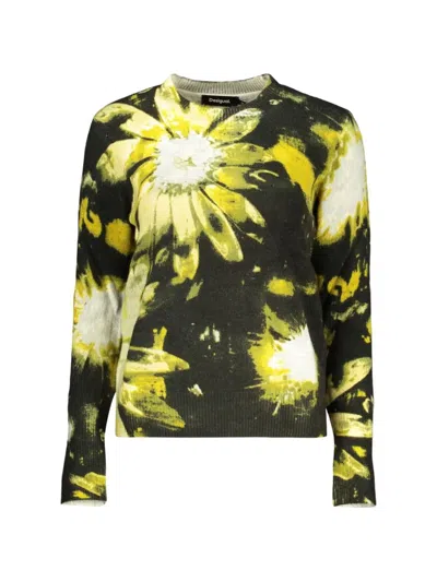 Desigual Floral-print Crew-neck Sweater In Black