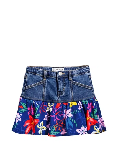 Desigual Kids' Floral-print Denim Skirt In Blue
