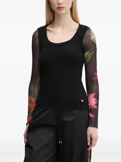 Desigual Floral-print Long-sleeve T-shirt In Black