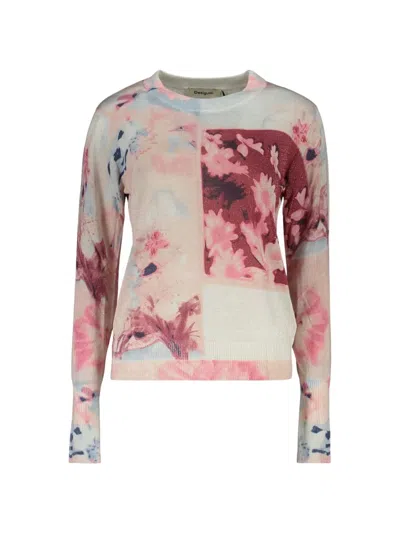 Desigual Floral-print Metallic-thread Sweater In Neutral