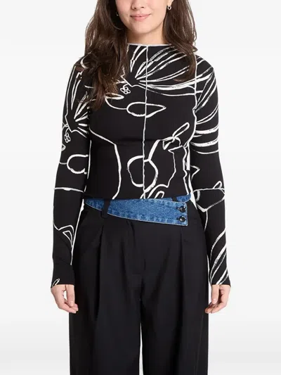 Desigual Floral-print Ribbed Top In Black