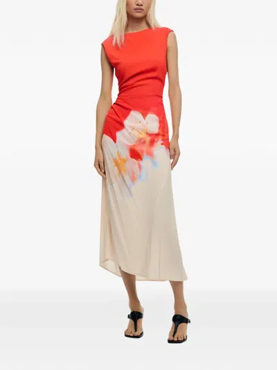 Desigual Floral-print Ruched Midi Dress In Orange