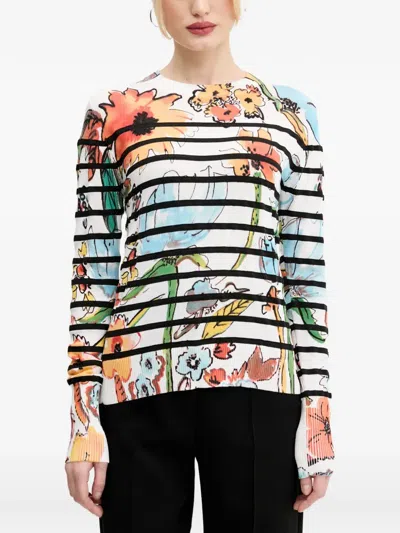 Desigual Floral-print Striped Sweater In Multi