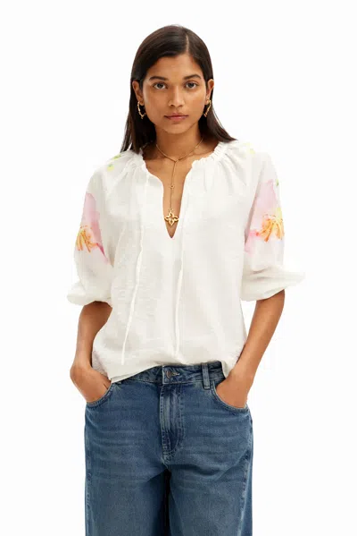 Desigual Flowy Blouse With Watercolor Floral Print. In White