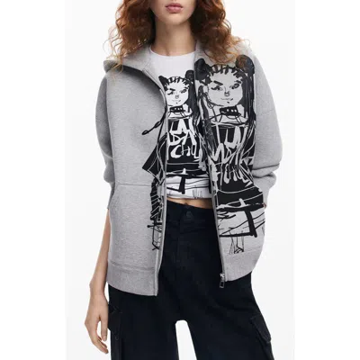 Desigual Front Zip Cotton Blend Hoodie In Gray