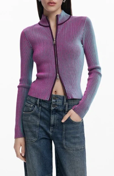 Desigual Front Zip Rib Jacket In Purple