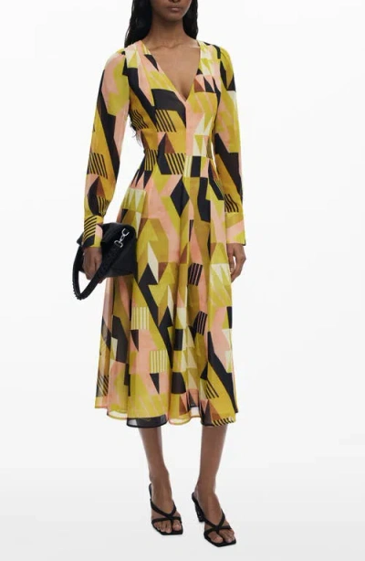 Desigual Geometric Long Sleeve Midi Dress In Yellow