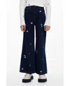 Desigual Girls's Embroidered Cropped Wide Jeans In Black