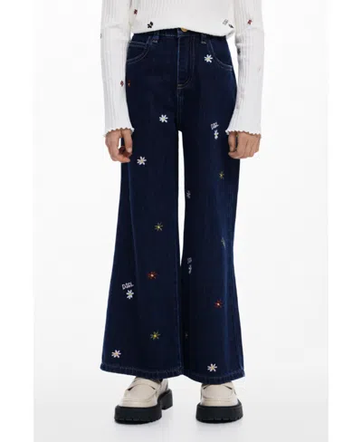 Desigual Kids' Girls's Embroidered Cropped Wide Jeans In Black