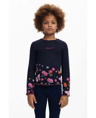 Desigual Kids' Girls Girls's Long Sleeve T-shirt With Floral Logo In Blue