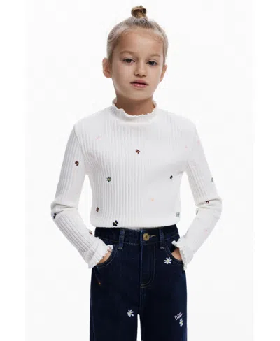 Desigual Kids' Girls Girls's Ribbed T-shirt With Embroidery In White