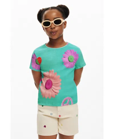 Desigual Kids' Girls Girls's Ribbed Floral T-shirt In Turquoise