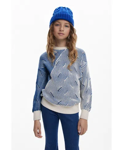 Desigual Kids' Girls's Textured Striped Sweater In Blue