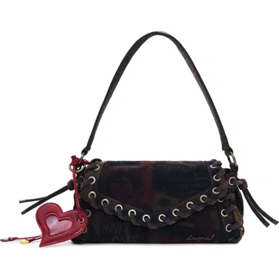Desigual Graffiti Lips Denim Crossbody In Brown
