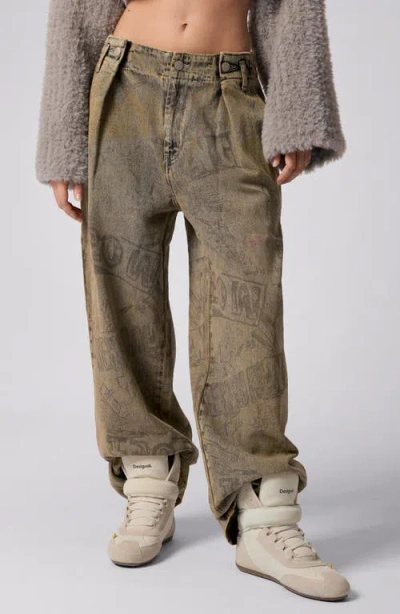 Desigual Graffiti Print Wide Leg Jeans In Brown