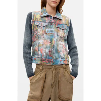 Desigual Graffiti Ribbed Sleeve Trucker Jacket In Multi