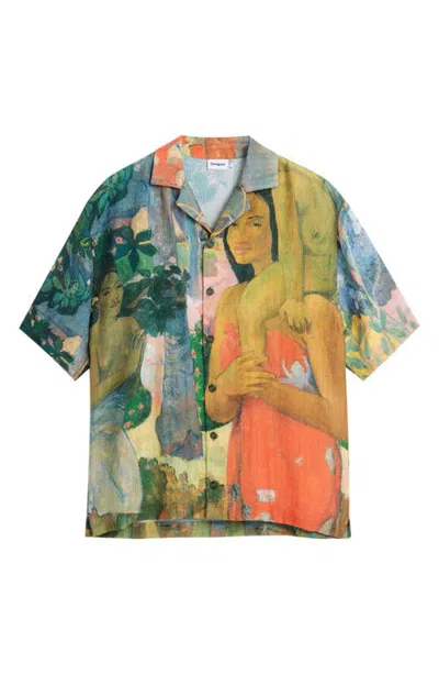 Desigual Graphic Cotton Camp Shirt In Medium Beige