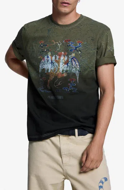 Desigual Graphic Cotton T-shirt In Military Green