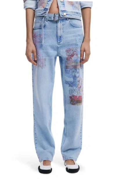 Desigual Graphic Detail Straight Leg Jeans In Medium Blue