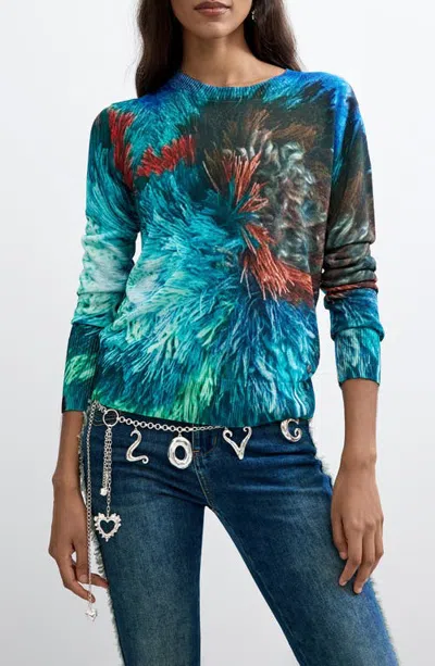 Desigual Graphic Lightweight Crewneck Sweater In Blue