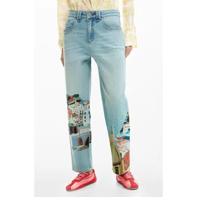Desigual Graphic Print Ankle Taper Jeans In Blue