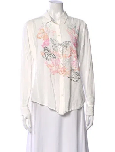 Pre-owned Desigual Graphic Print Long Sleeve Button-up Top In White