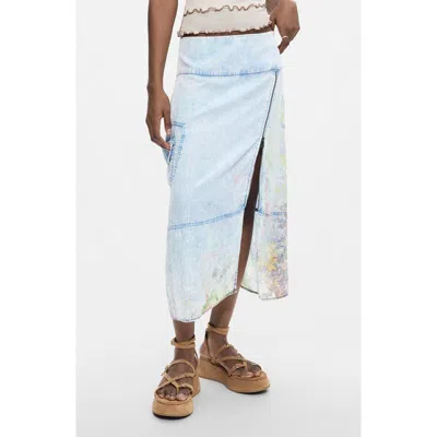 Desigual Graphic Print Straight Midi Denim Skirt In Blue