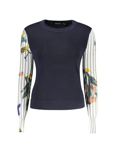 Desigual Graphic-print Panelled Sweater In Blue