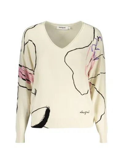 Desigual Graphic-print V-neck Sweater In Neutral