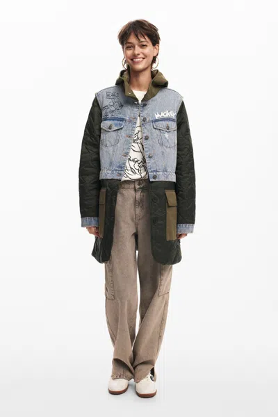 Desigual Hybrid Parka With Mickey Hood In Green