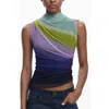Desigual Ruched Sleeveless Mock Neck Top In Multi