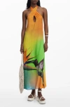 Desigual Halter Maxi Cover-up Dress In Orange Multi