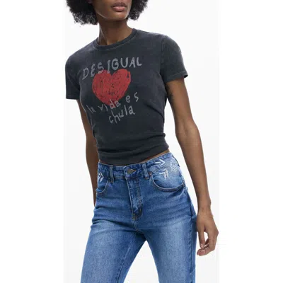 Desigual Heart Cotton Graphic T-shirt In Gray