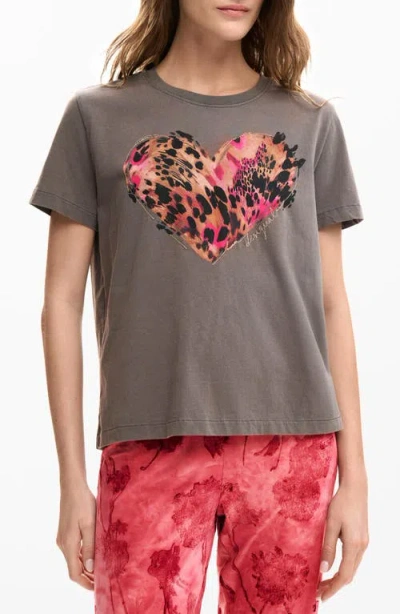 Desigual Heart Cotton Graphic T-shirt In Gray