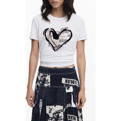Desigual Heart Cotton Graphic T-shirt In White