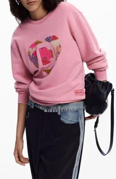 Desigual Heart Embroidered Cotton Graphic Sweatshirt In Pink
