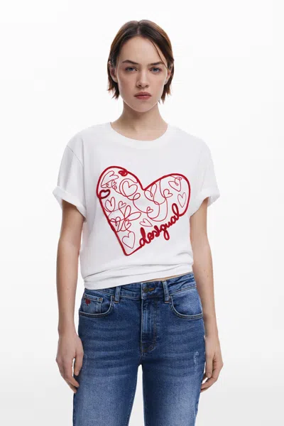 Desigual Heart Lace-up T-shirt In White