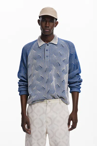 Desigual Heathered Polo Sweater In Blue