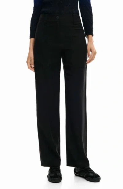 Desigual High Waist Straight Leg Pants In Black