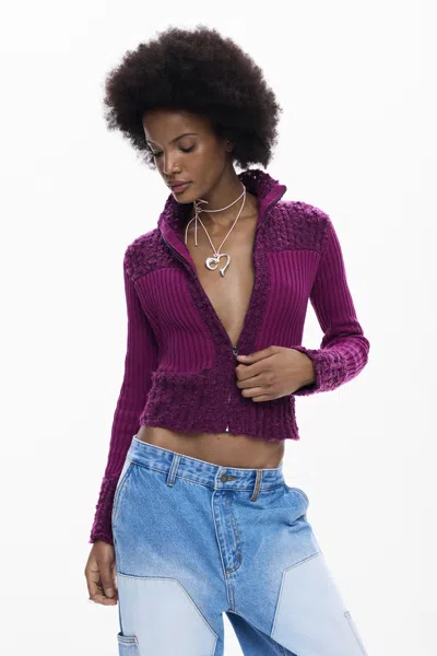 Desigual Highneck Knit Jacket In Red