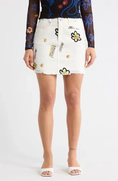 Desigual Illustration Denim Miniskirt In White