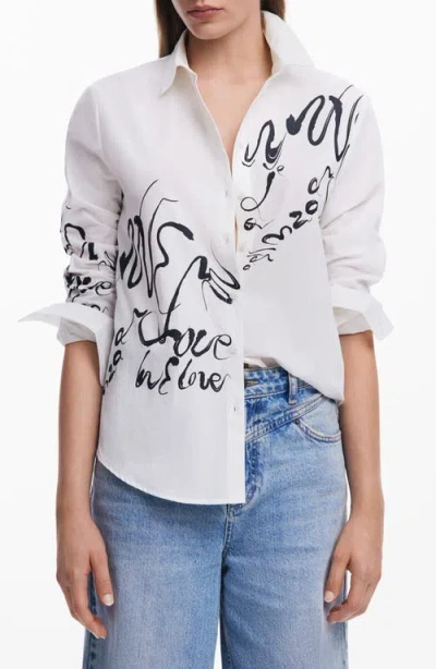 Desigual Ink Letter Button-up Shirt In White