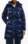 Desigual Long Iridescent Padded Coat In Blue
