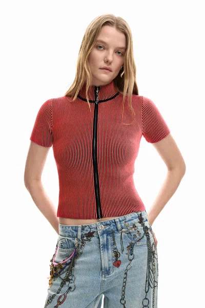 Desigual Iridescent T-shirt Zipper In Red