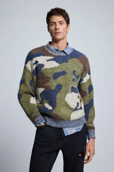 Desigual Jacquard Camouflage Sweater In Green