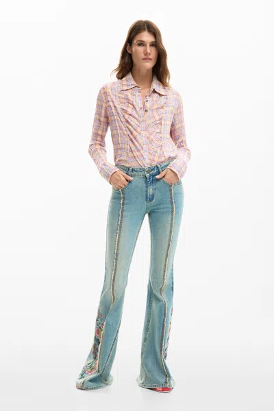Desigual Jeans Trousers With Flower Topstitching In Blue
